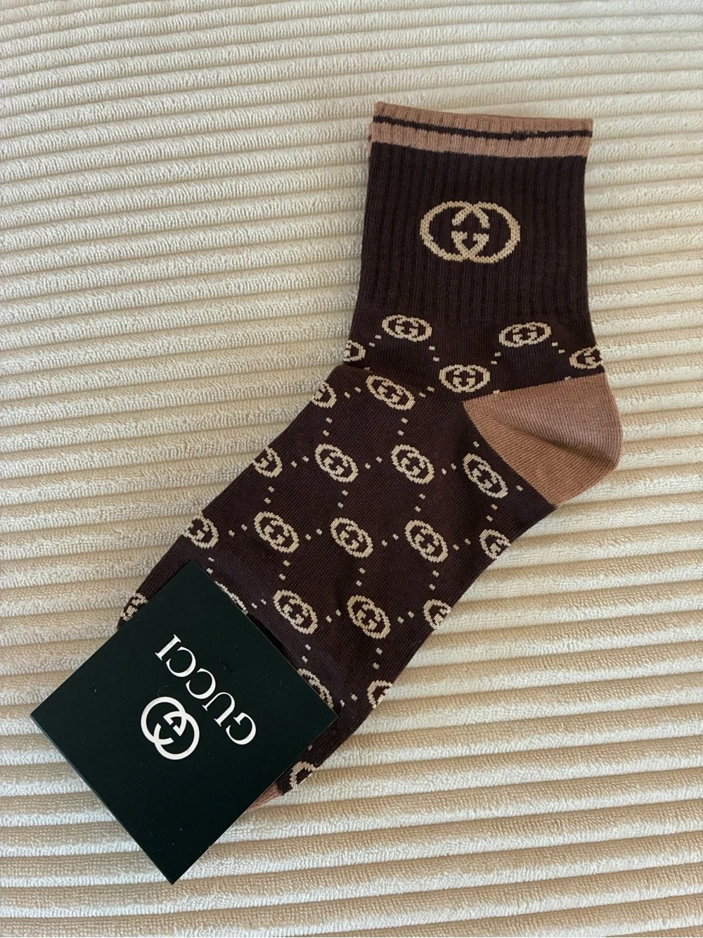 Gucci Brown & Beige GG Logo Crew Socks